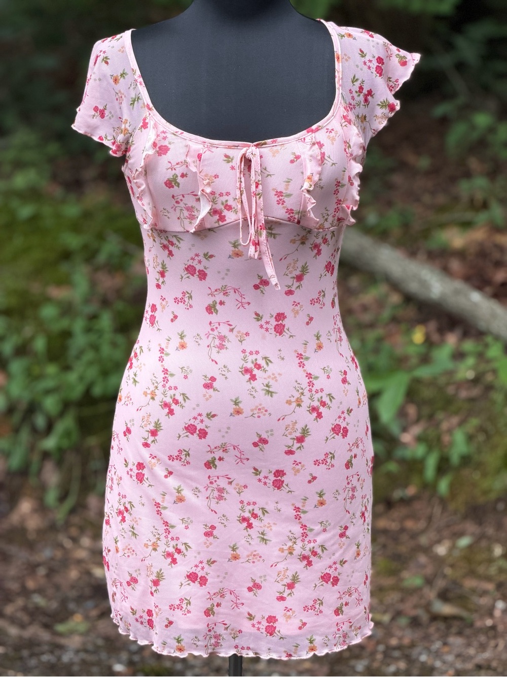SHEIN Pink Floral Tie-Front Ruffle Mini Dress